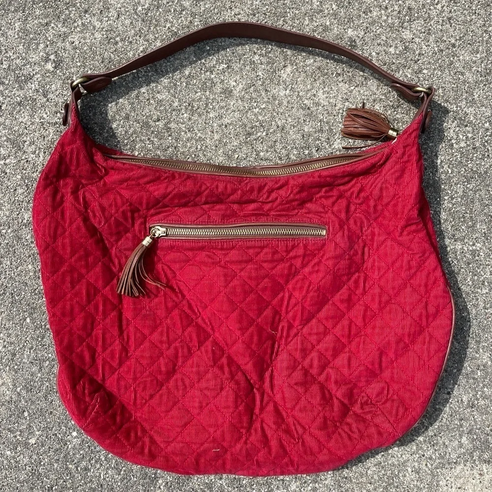 Retired Vera Bradley Red Corduroy Brown Leather Hobo Handbag Purse